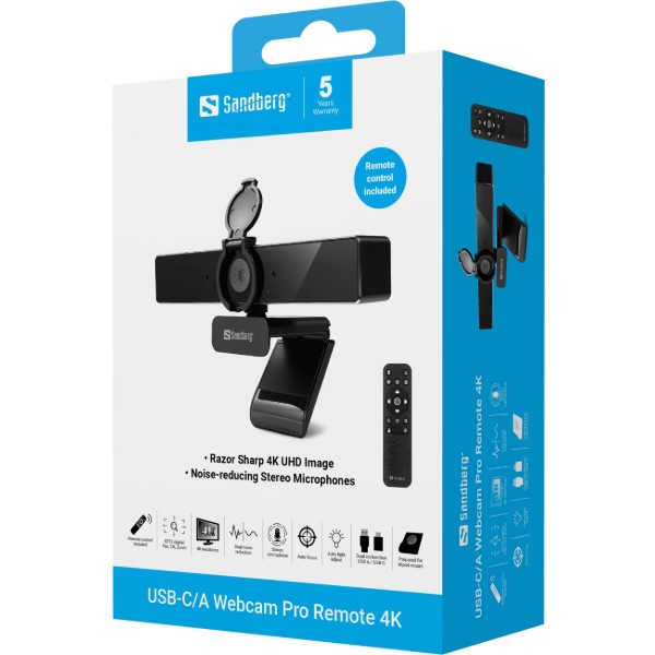 Фото - Веб-камера для комп'ютера Sandberg 4K Webcam USB-A/USB-C connection, ENC, Remote control (134-45)